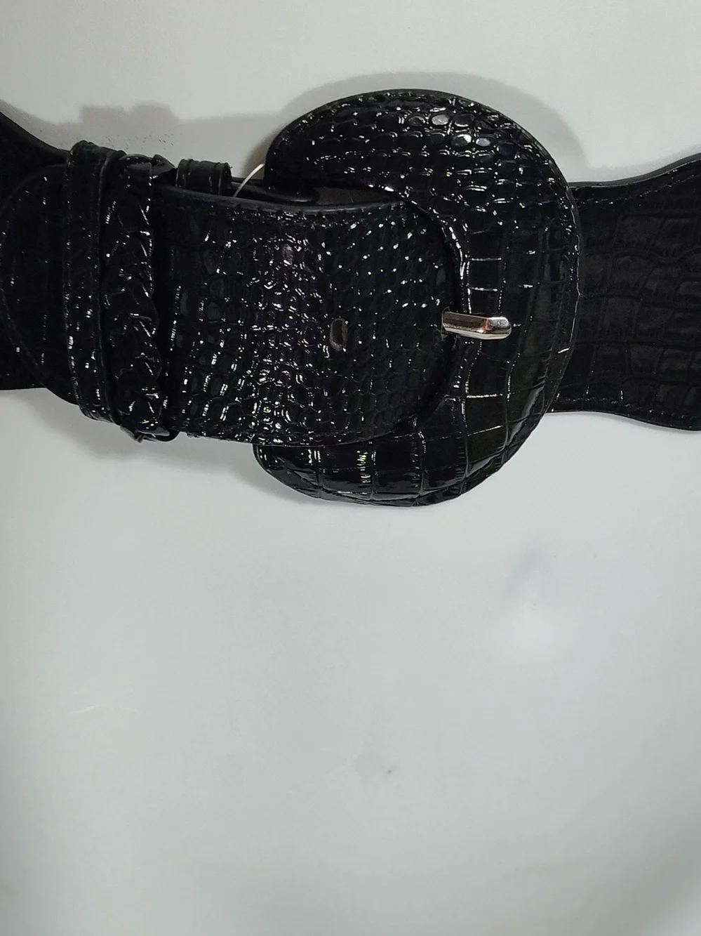 Cato Black Croc-Embossed Wide Belt with Round Buckle
